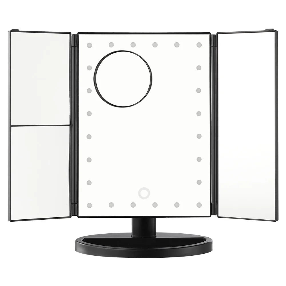 Tri-fold makeup mirror with LED lights on a white background