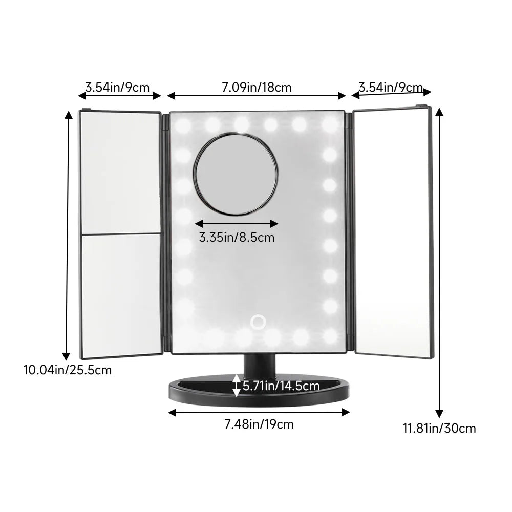 Measurement chart of a makeup mirror with LED lights on a white background