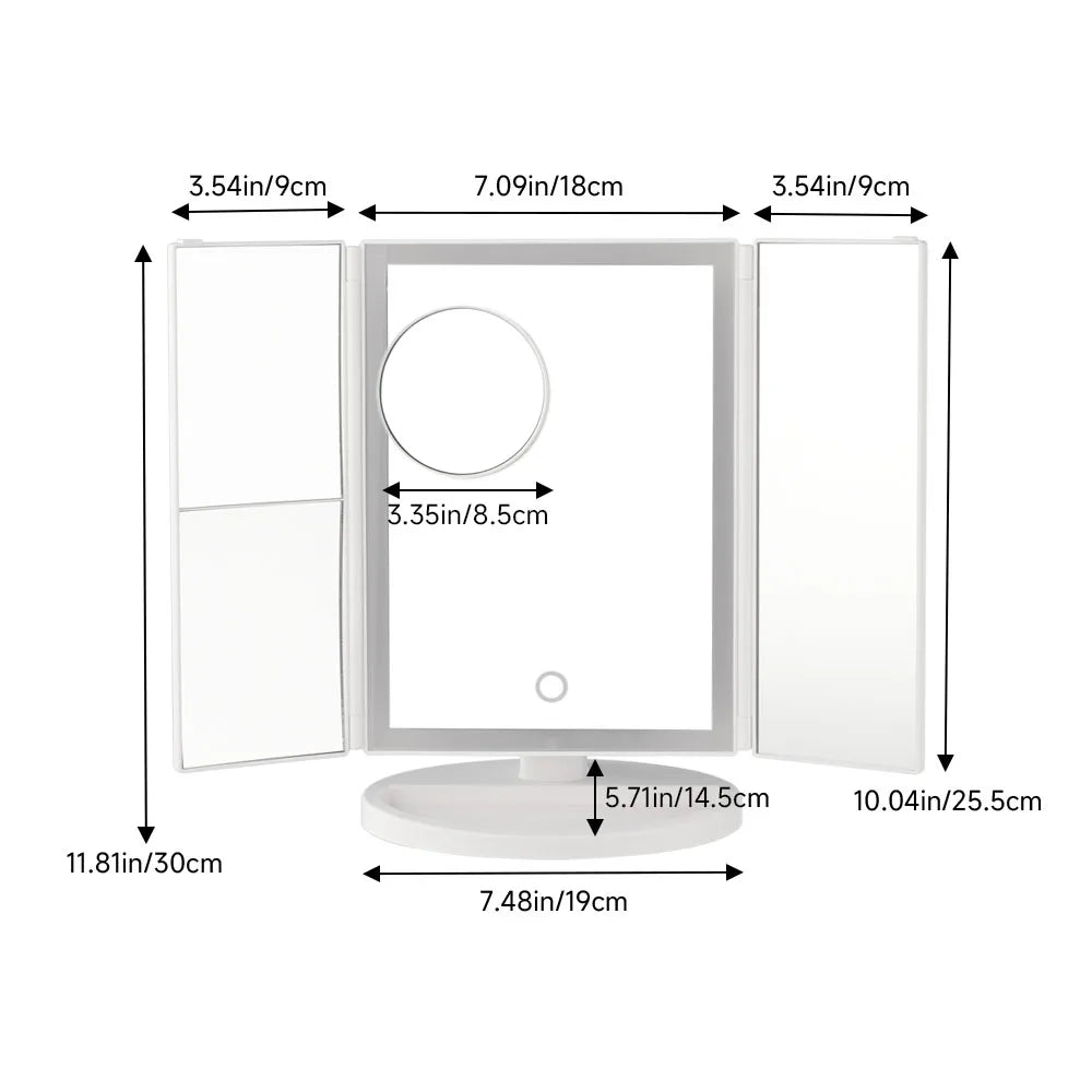 Measurement chart of a round object with dimensions labeled in inches and centimeters.