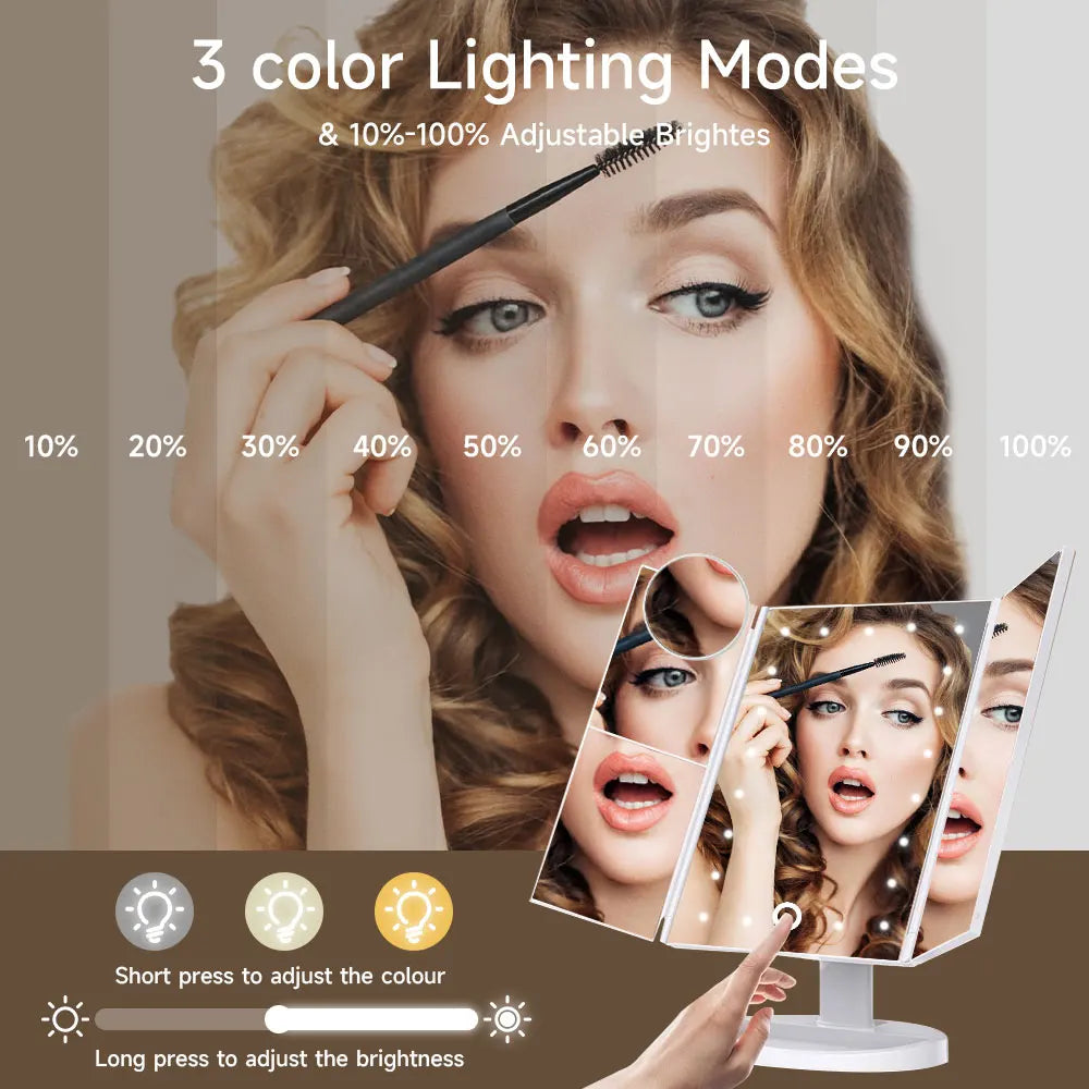 Woman using a brow pencil with a makeup mirror displaying color and brightness settings.