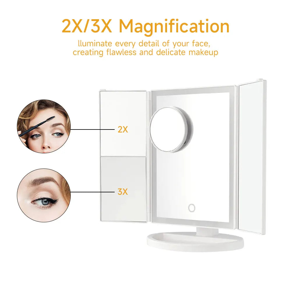 Makeup mirror with 2X/3X magnification features on a white background