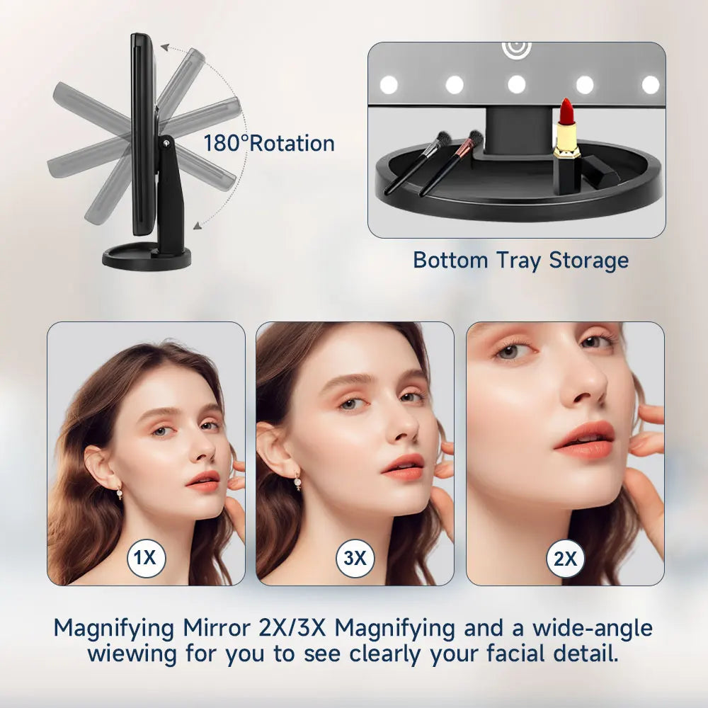 Makeup mirror with magnifying and wide-angle viewing features, showing a woman's face at different magnifications.