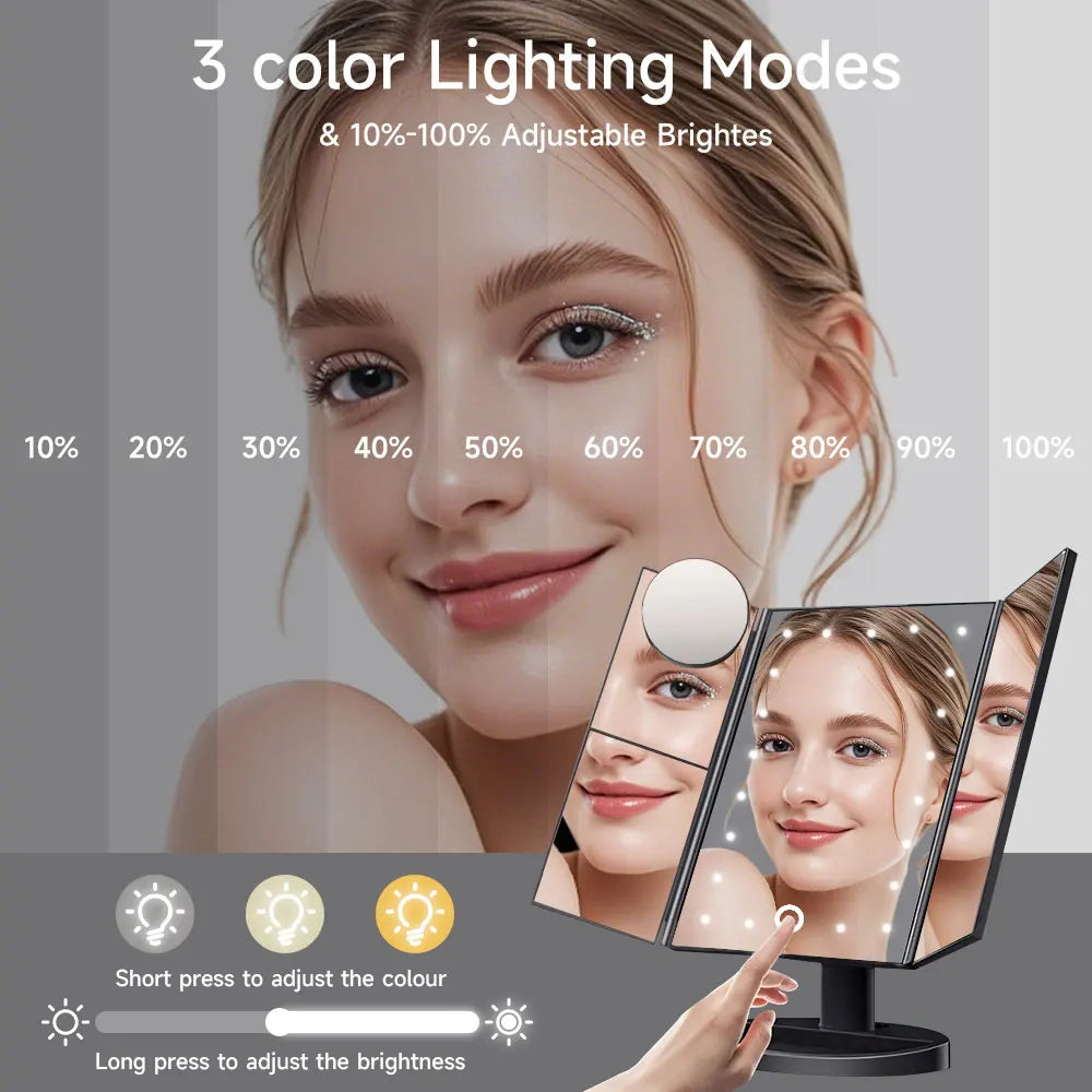 Lighted makeup mirror with adjustable lighting modes and brightness levels.