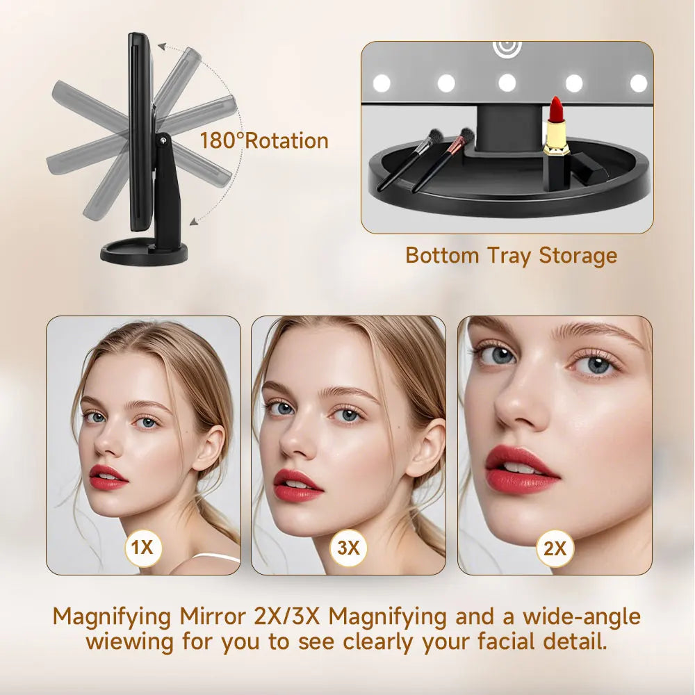 Makeup mirror with magnifying and wide-angle viewing features, shown with a woman's face.