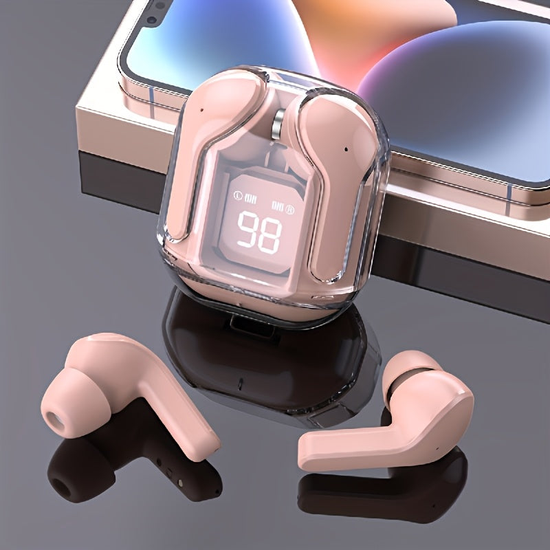 Wireless earbuds with charging case on a reflective surface