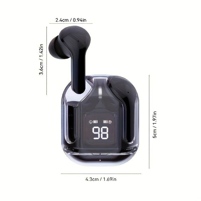 Black wireless earbuds with charging case and measurements on a white background