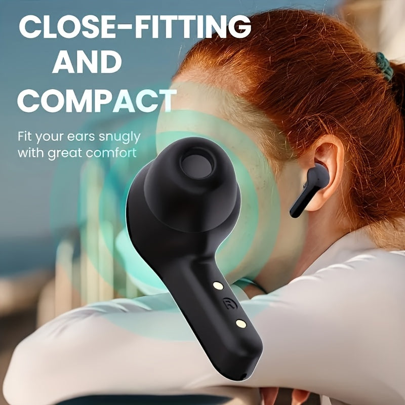 Close-up of wireless earbuds with text highlighting comfort and compactness, blurred background
