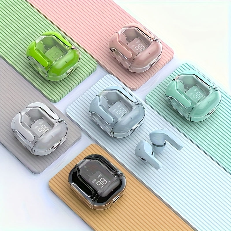 Various wireless earbuds and charging cases on a colorful striped background