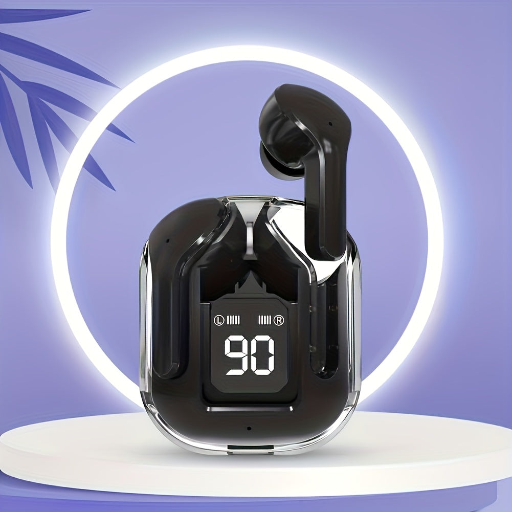 Black wireless earbuds with digital display on a purple background