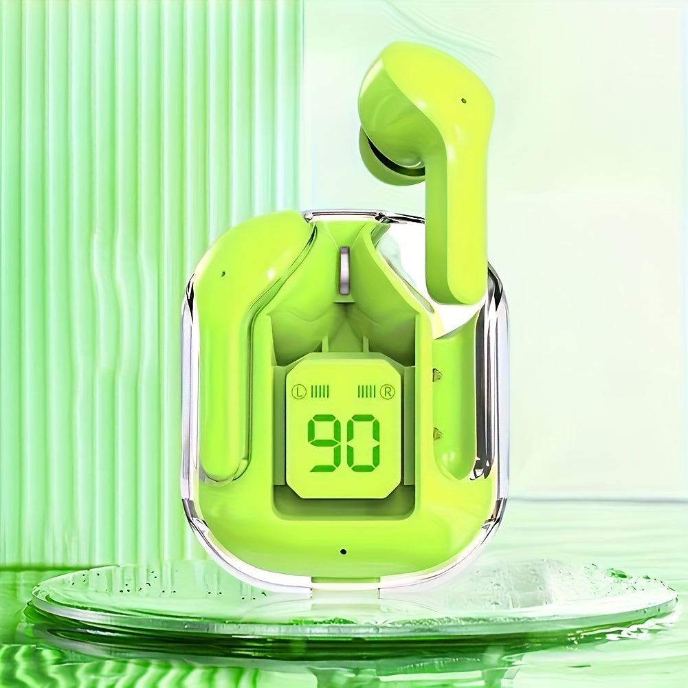 Green digital thermometer with a clear case on a green background