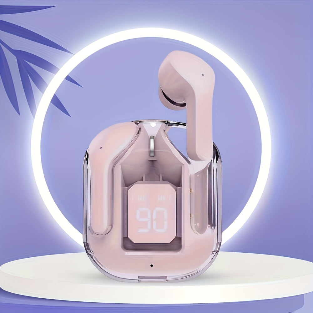 Pink wireless earbuds with charging case on a white platform against a purple background