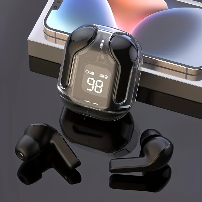 Wireless earbuds with charging case on a reflective surface