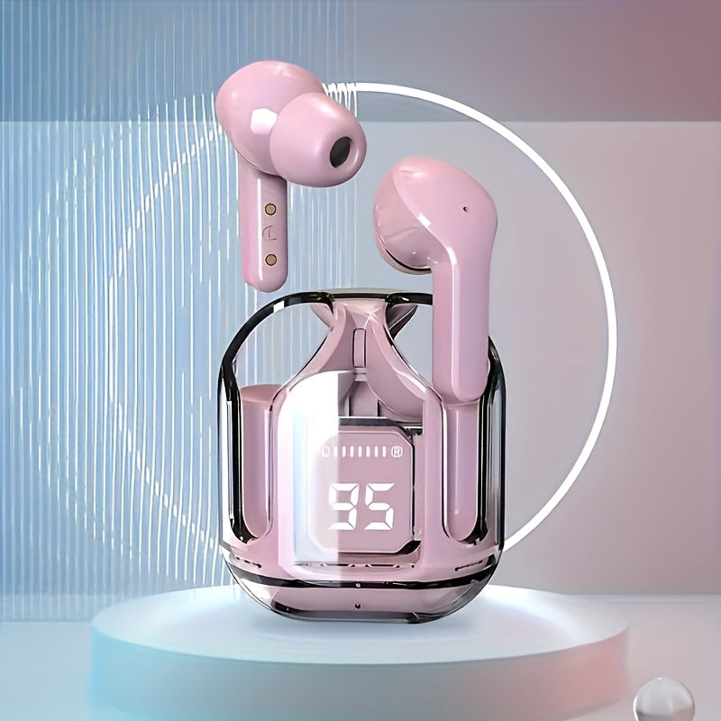 Pink wireless earbuds with charging case on a light background
