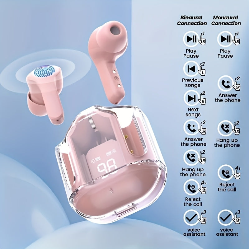 Pink wireless earbuds with charging case and control icons on a light blue background