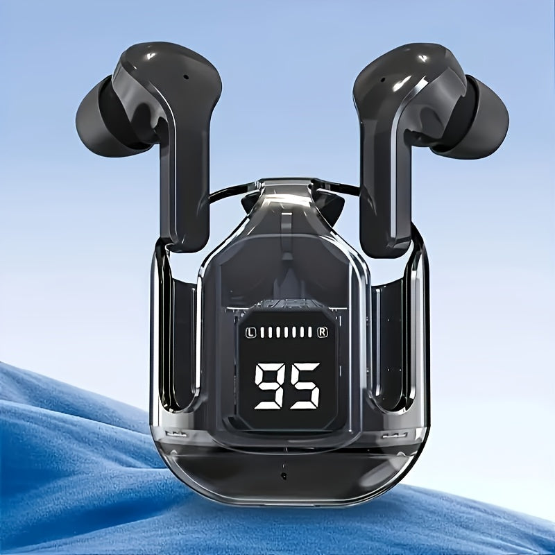 Black wireless earbuds with charging case on a blue background
