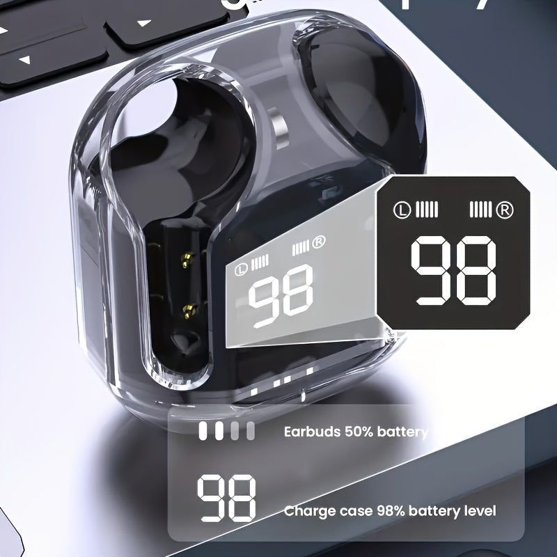 Battery level display on a charging case with earbuds, showing 98% charge.
