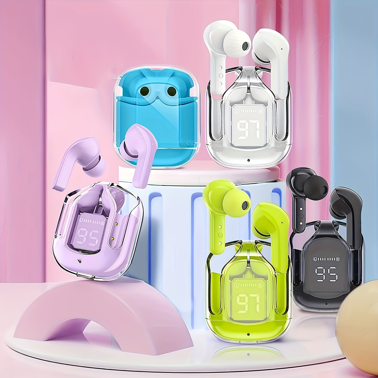 Colorful wireless earbuds with charging cases on a stand against a pink and blue gradient background.