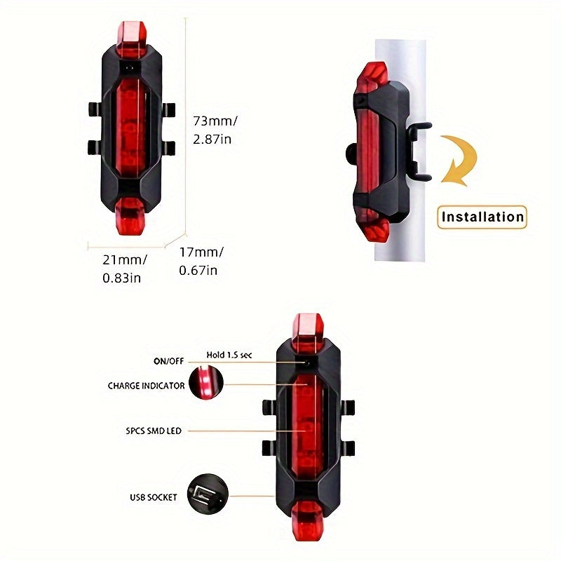 Bicycle tail light with measurements and features on a white background