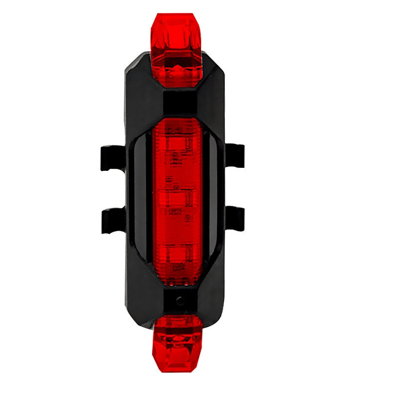 Bicycle tail light with red lens and black casing on a white background