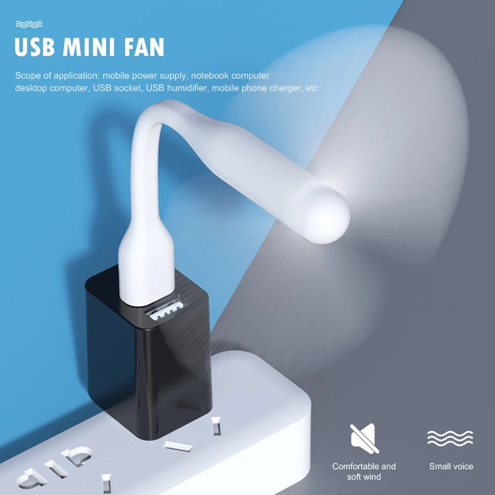 USB mini fan with white cable on a blue and gray gradient background