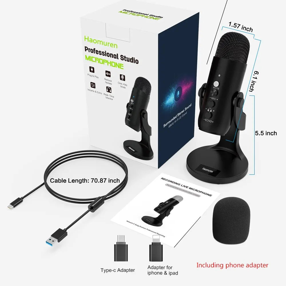 Haomuren professional studio microphone with packaging, cable, and accessories on a white background