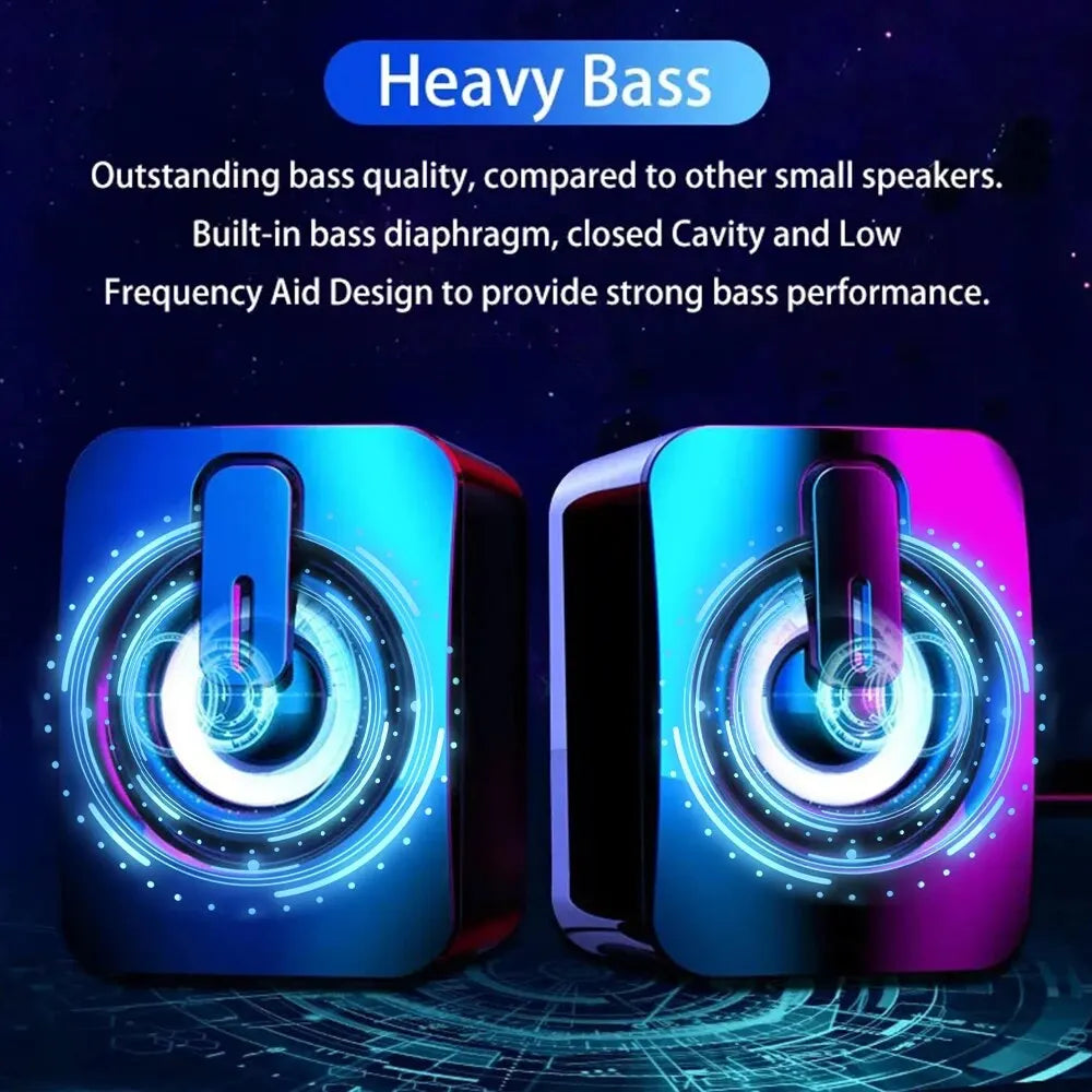 Pair of colorful speakers with text highlighting heavy bass quality on a dark background