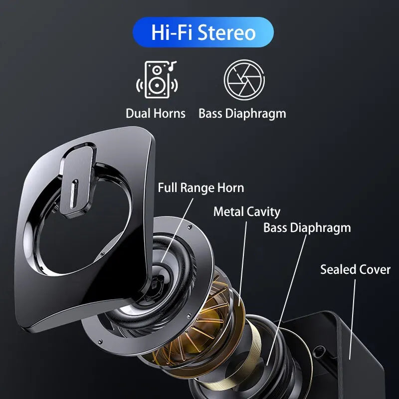 Hi-Fi stereo speaker with labeled components on a dark background