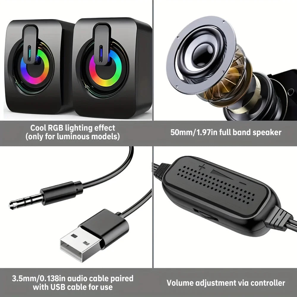 Collage of a speaker system with RGB lighting, close-up of speaker components, audio cable, USB cable, and volume controller.