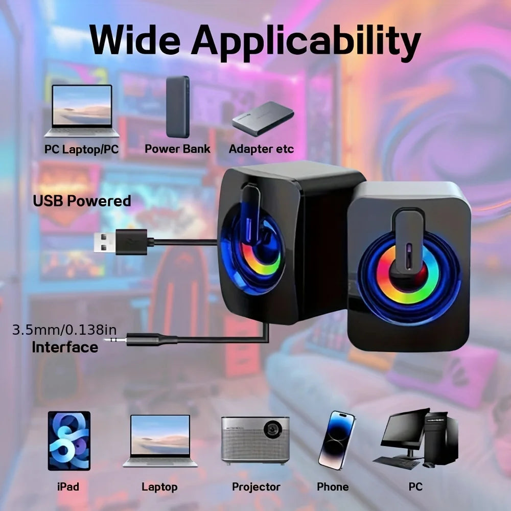 RGB speakers with connectivity options on a colorful background