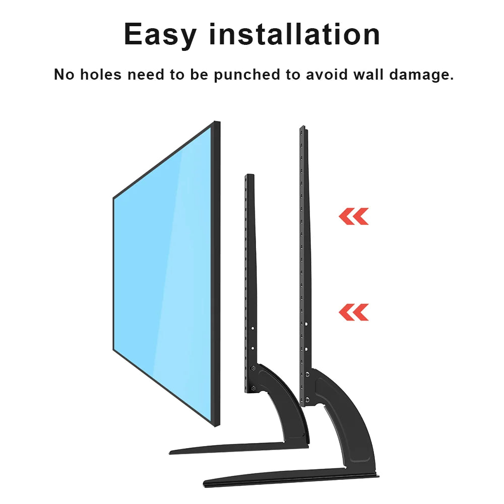 Monitor stand with text indicating easy installation without damaging walls
