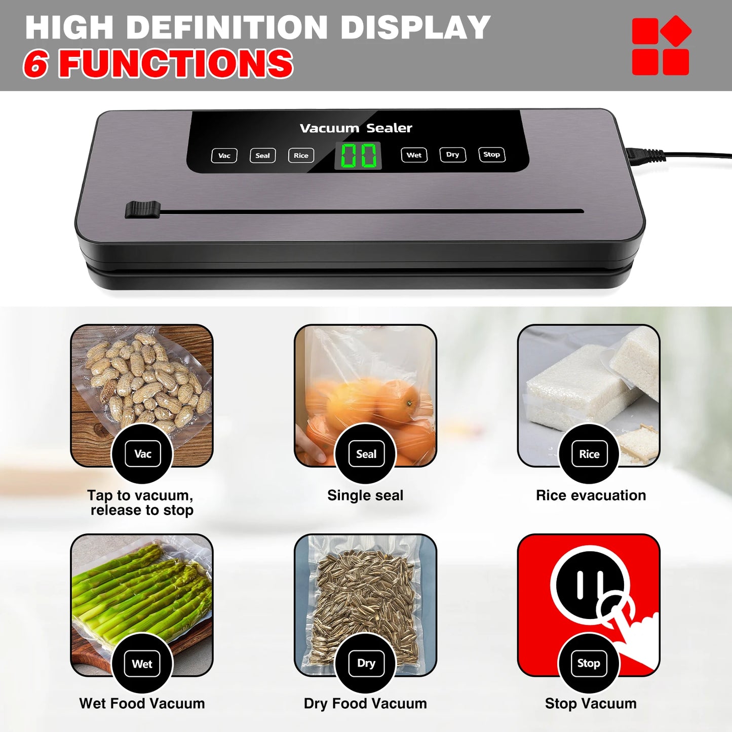 Vacuum sealer with digital display and various food items shown on a white background