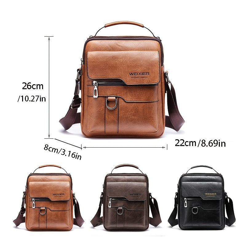 Brown leather bag with measurements and WEIXIER branding on a white background