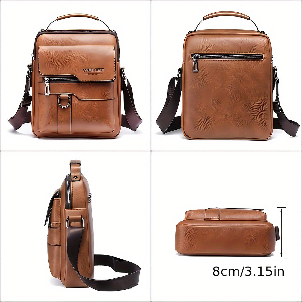Brown leather crossbody bag with multiple angles shown on a white background