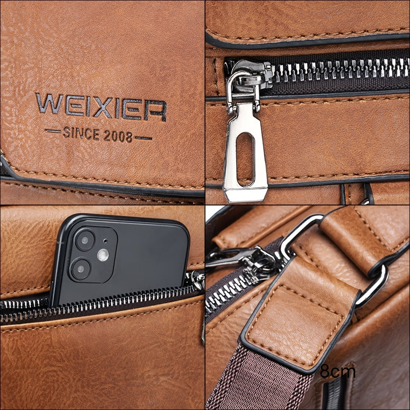 Brown leather bag with WEIXIER branding, zipper details, and phone pocket.
