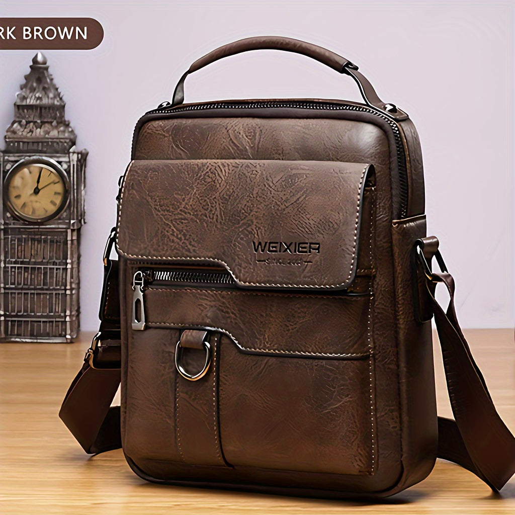 Brown leather bag with visible brand logo on a light background