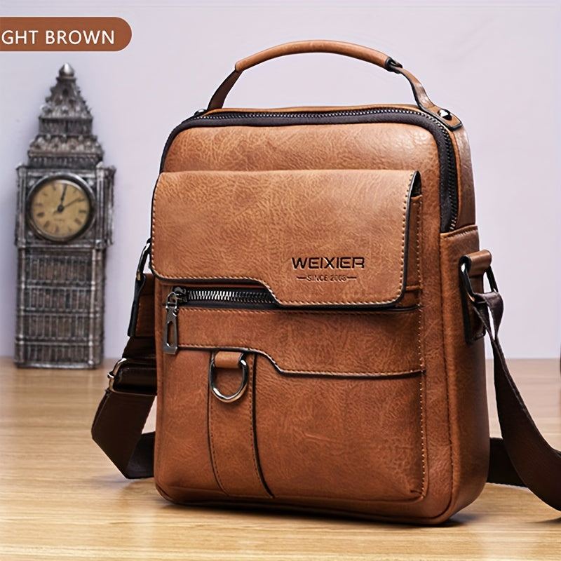 Brown leather backpack with visible brand name on a wooden surface.