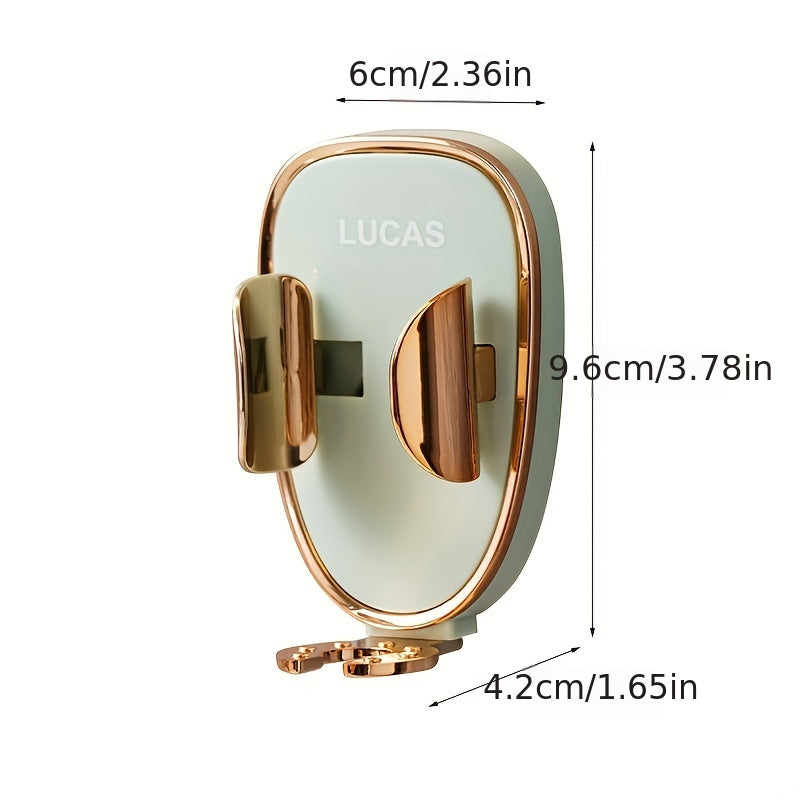 Gold phone holder with dimensions labeled on a white background