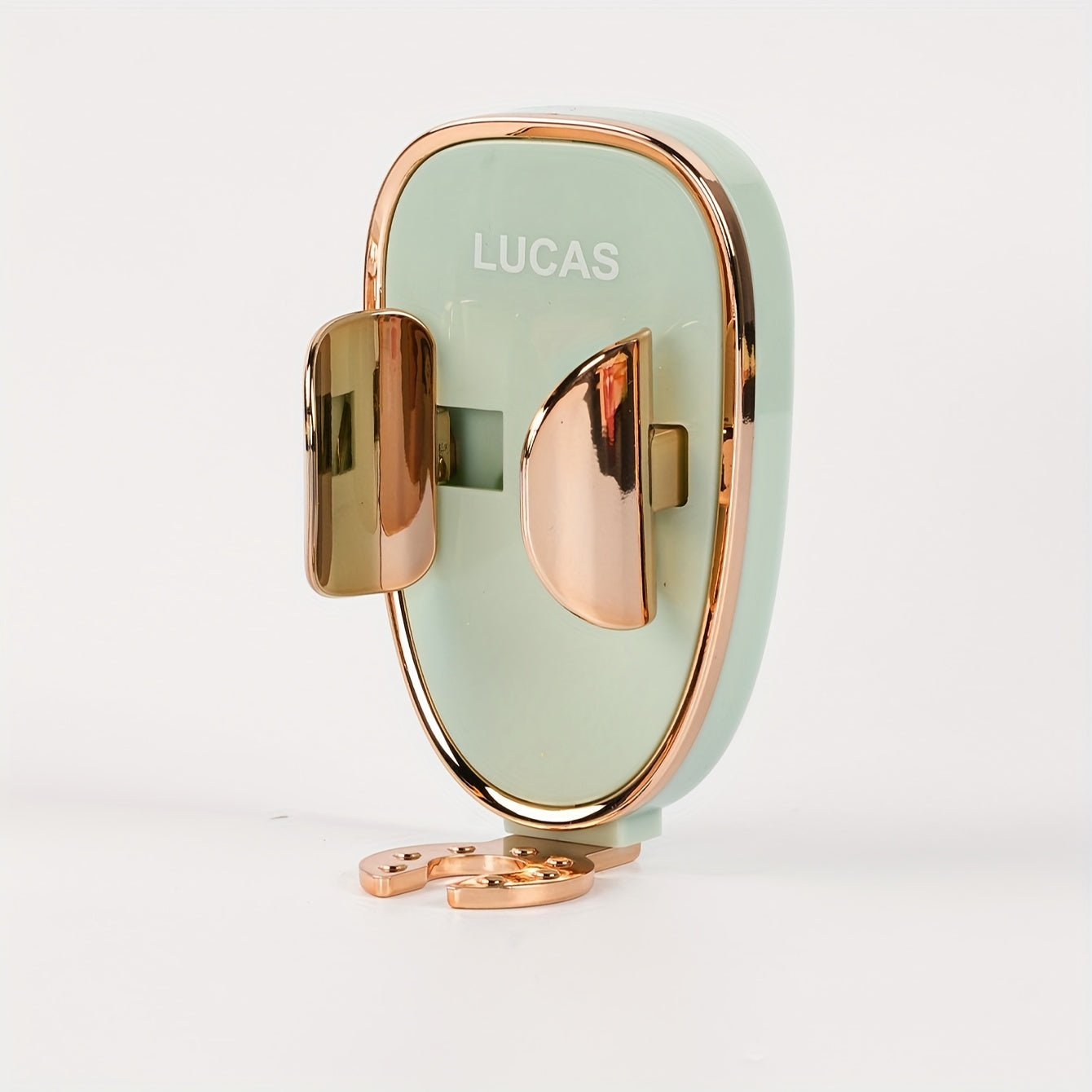 Mint green and rose gold phone holder with 'Lucas' branding on a white background
