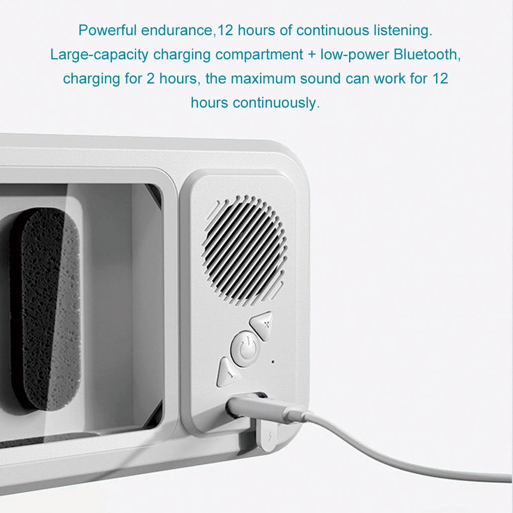 White electronic device with charging cable, text about endurance and charging time.