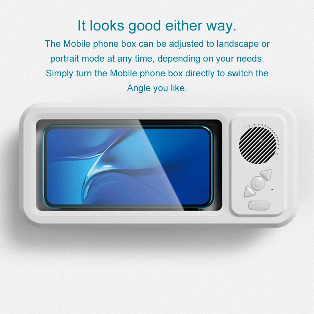 White phone holder with adjustable screen for mobile phone, on a light gray background