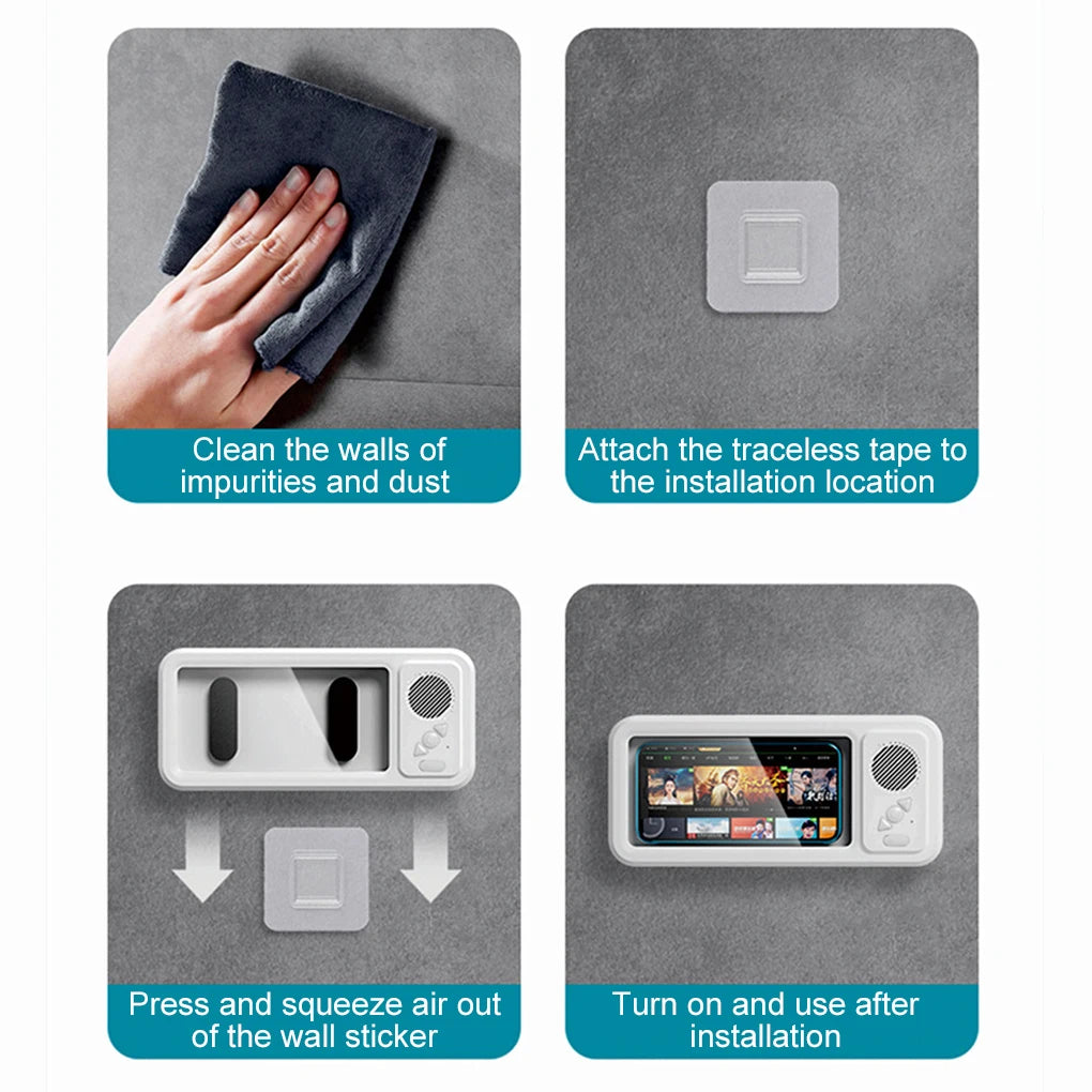 Step-by-step installation guide for a wall-mounted device with text instructions.