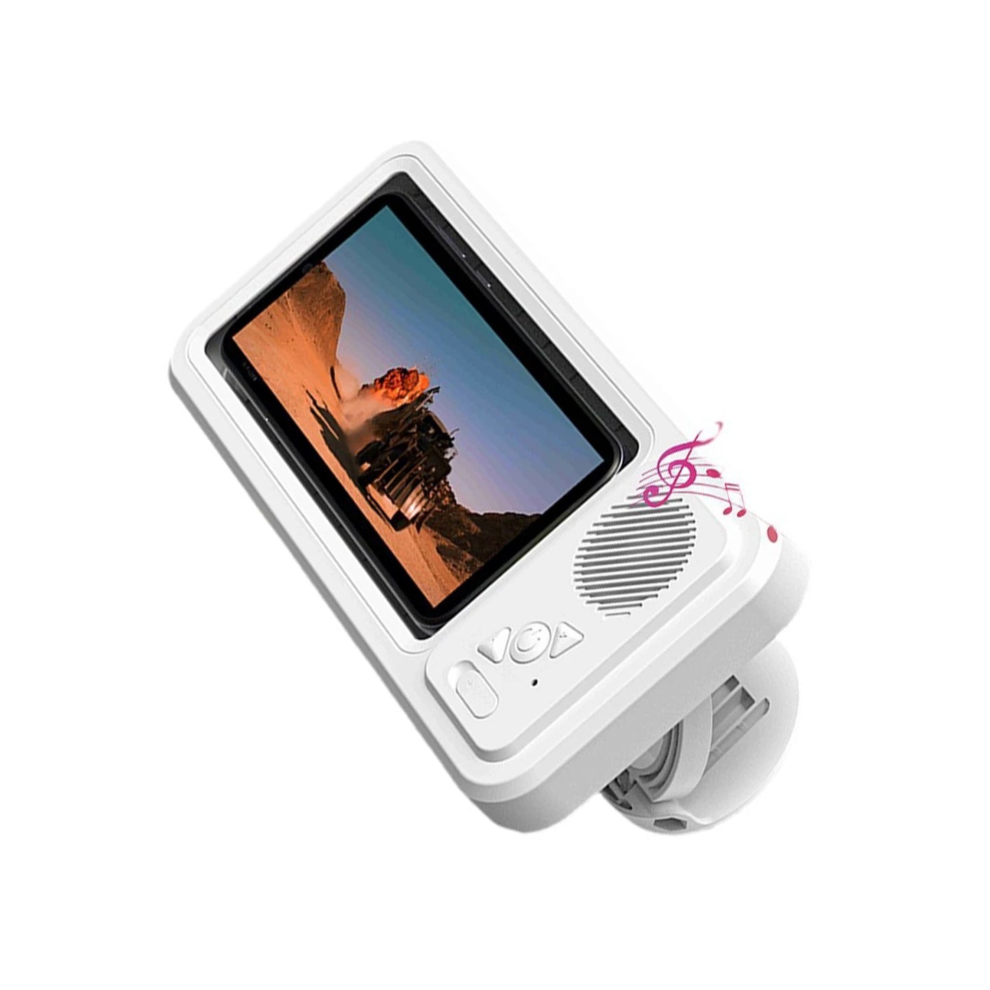 White music player with screen displaying a desert landscape on a white background