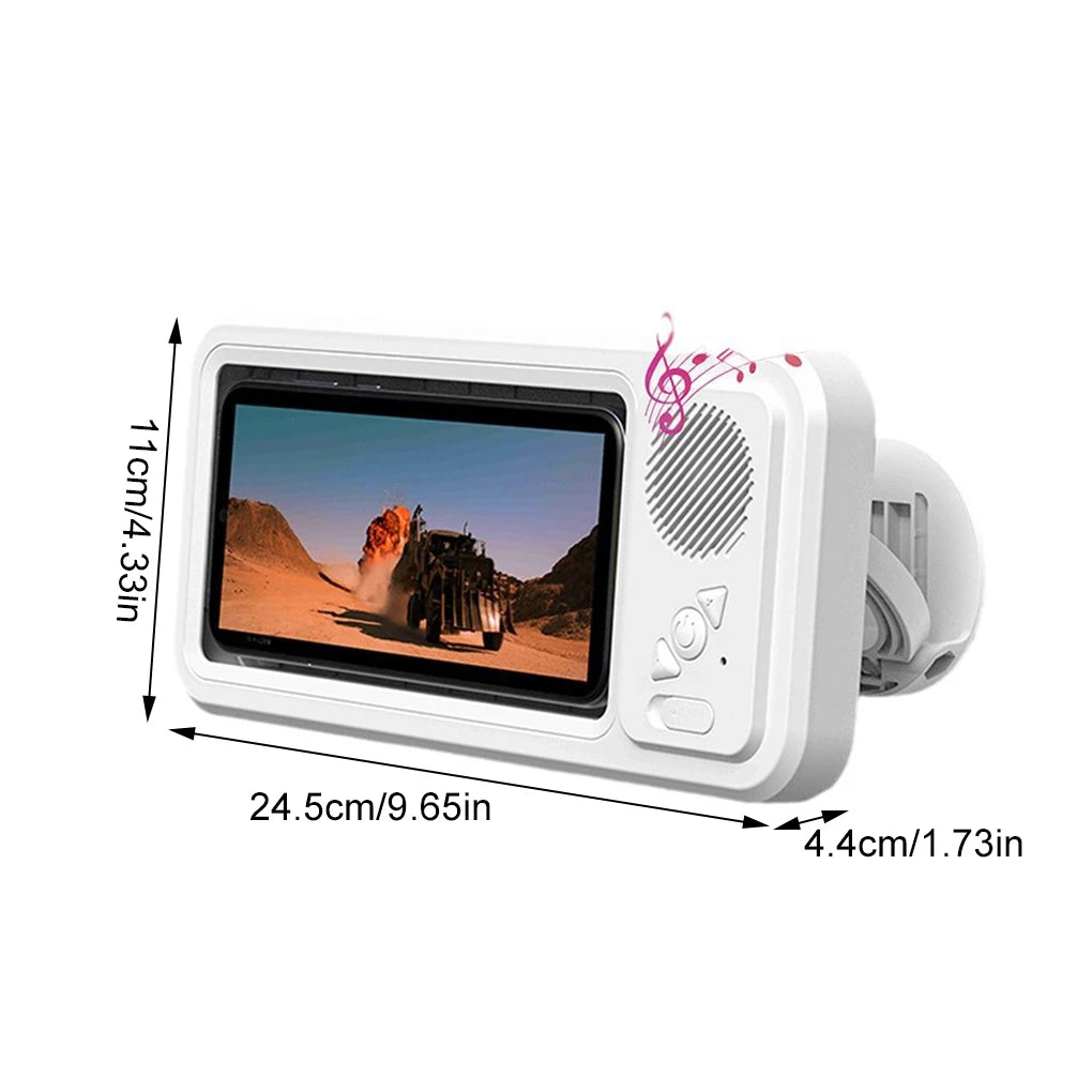 White electronic device with a screen displaying a desert scene, showing dimensions on a white background.