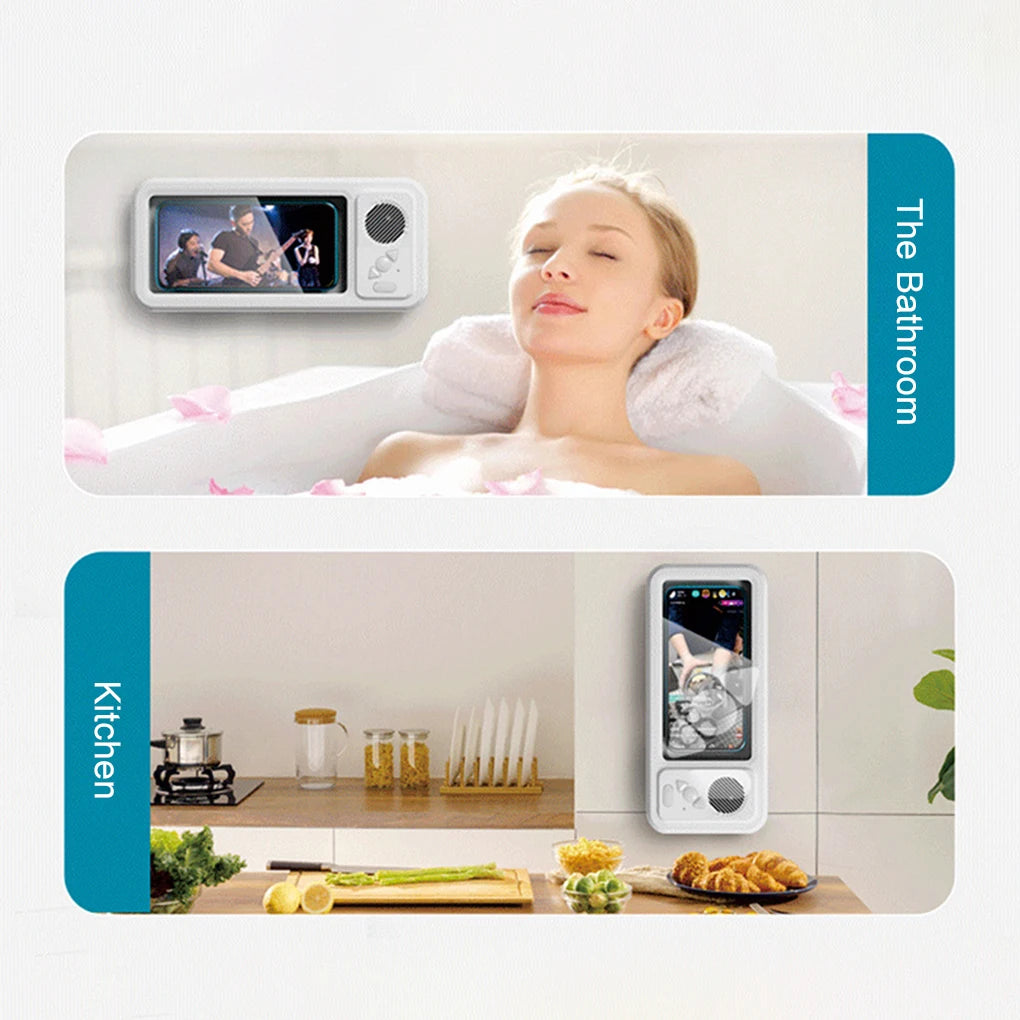 Woman in a bathtub with a video doorbell displaying 'The Bathroom'. Video doorbell also shown in a kitchen setting.