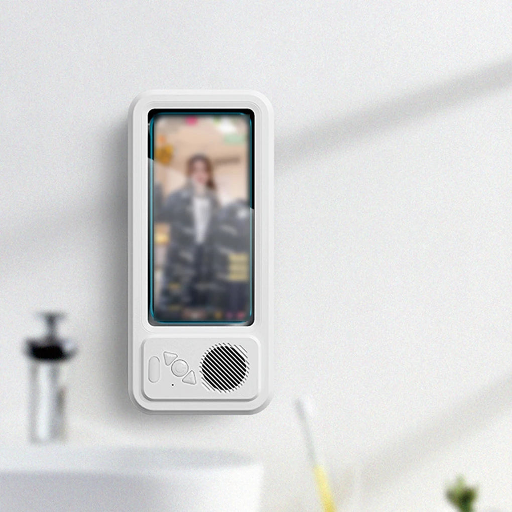 Digital doorbell displaying a person on a screen against a white wall.