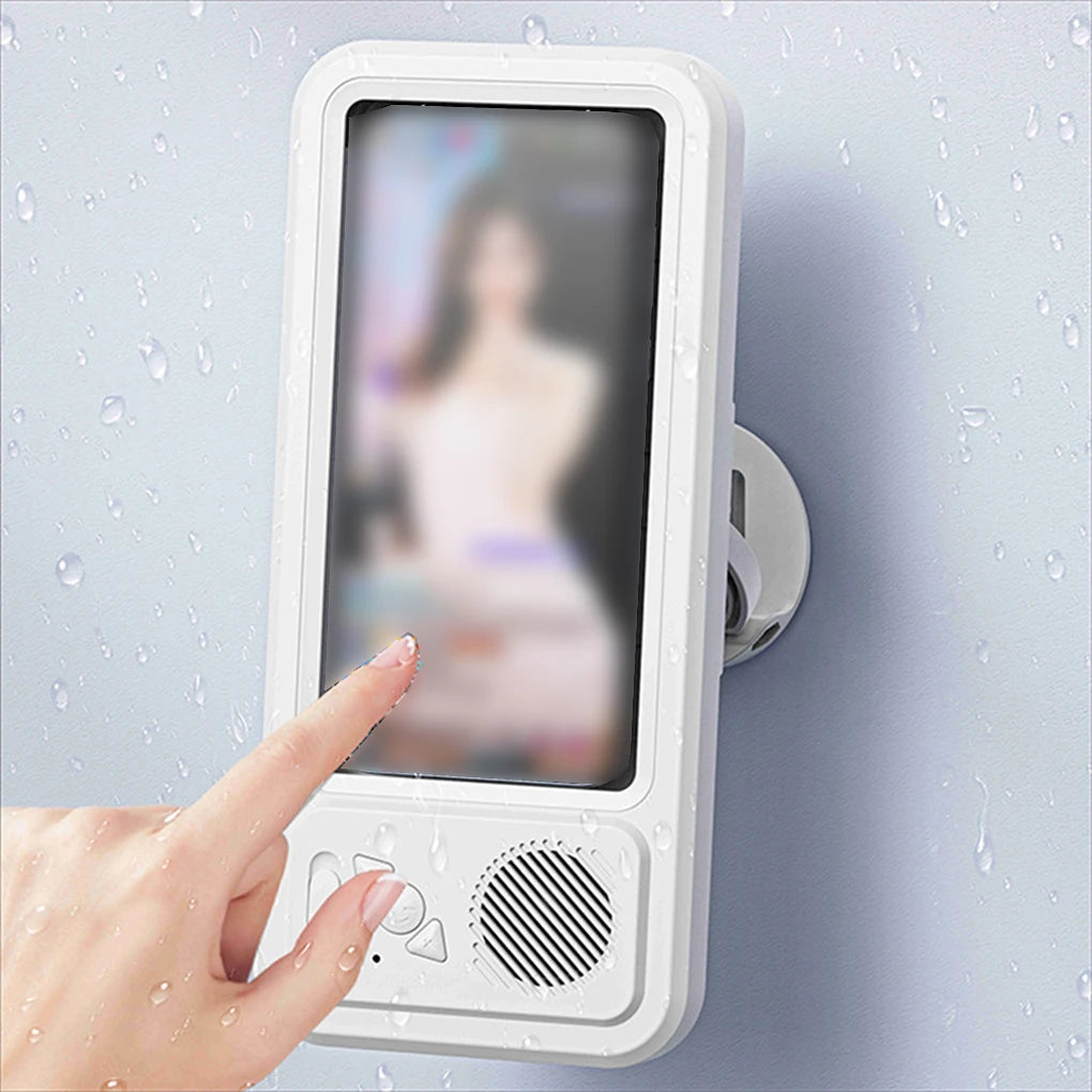 Hand pressing a button on a digital doorbell with a blurred person on the screen.