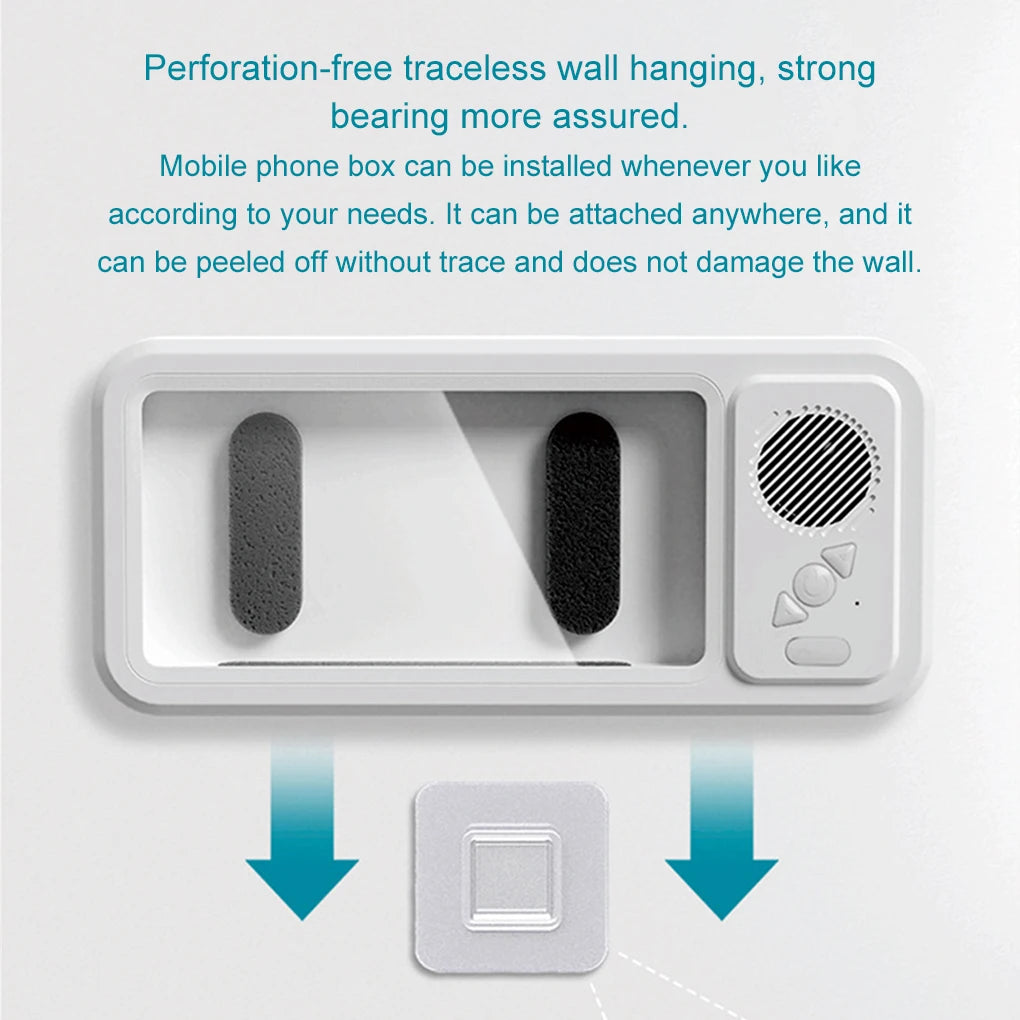 Wall-mounted phone box with text about its features on a light gray background