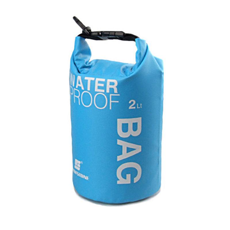 Blue waterproof bag with white text on a white background