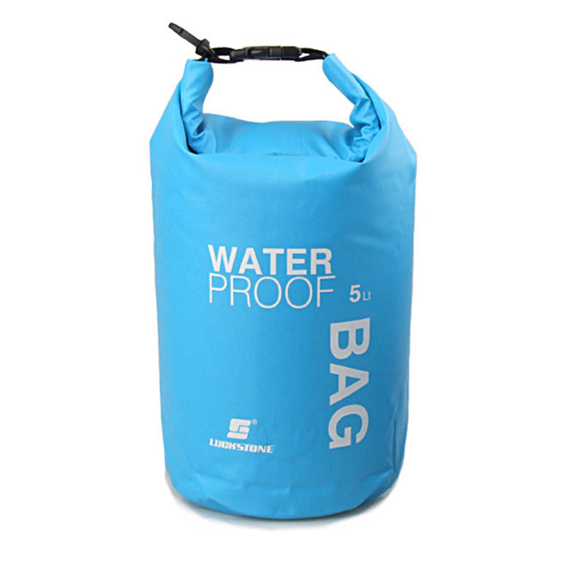 Blue waterproof bag with 'Waterproof Bag 5L' text on a white background