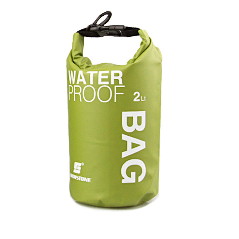 Green waterproof bag with 'Waterproof Bag 2L' text on a white background